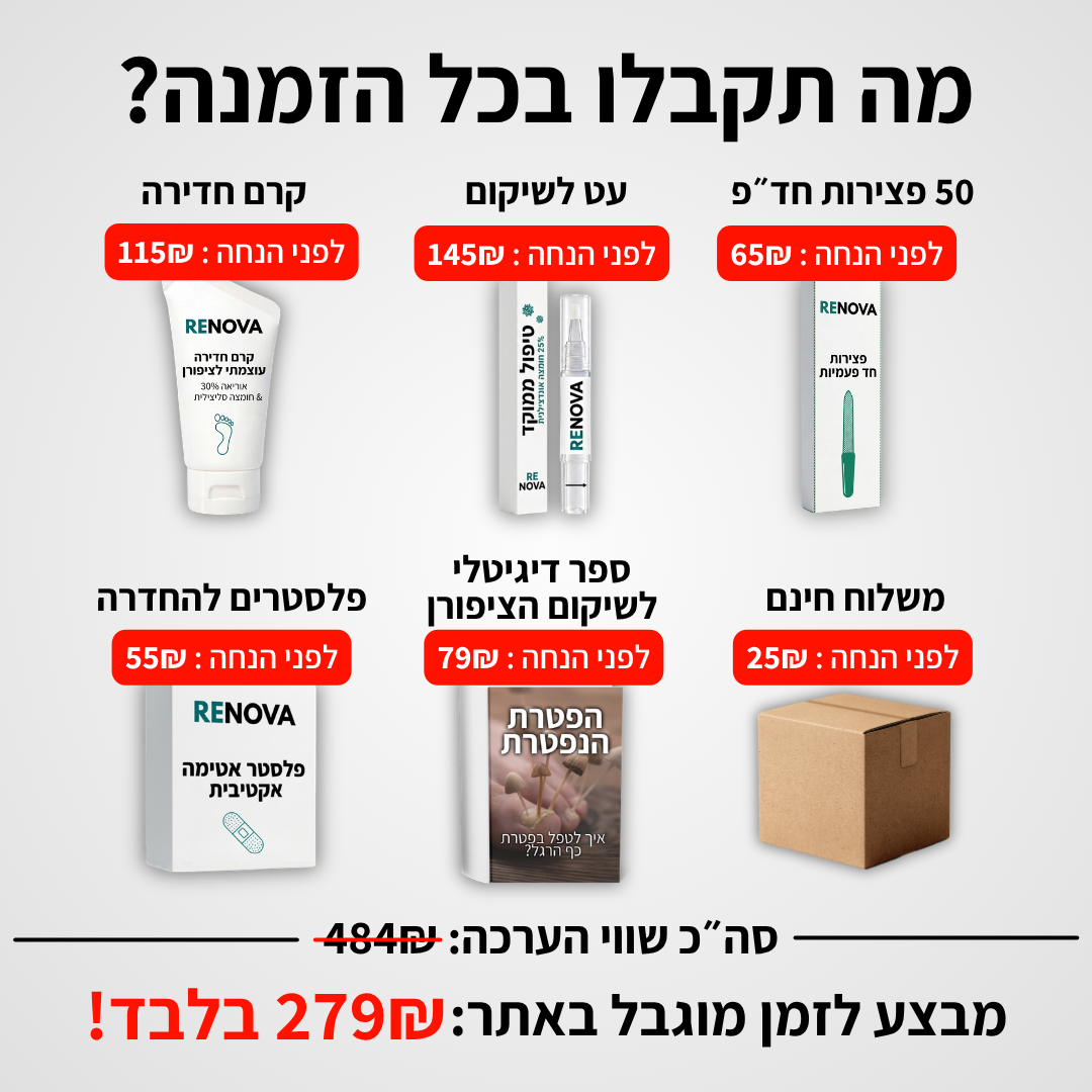 4 ב1 - הפרוטוקול של  Renova לשיקום פטרת ציפורניים - תוצאות או החזר כספי מלא!